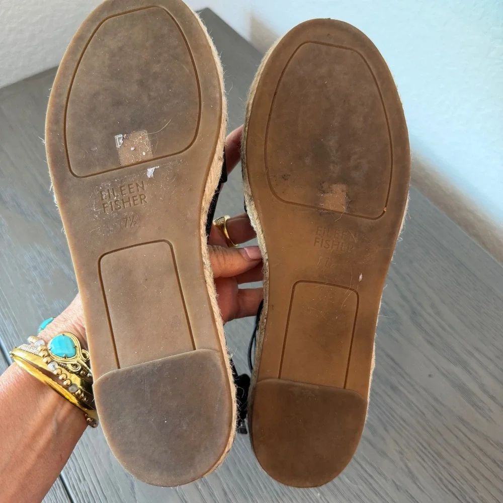 Eileen Fisher Black Suede Lace Up Espadrille Flats Back Zip Sandals‎ 7.5